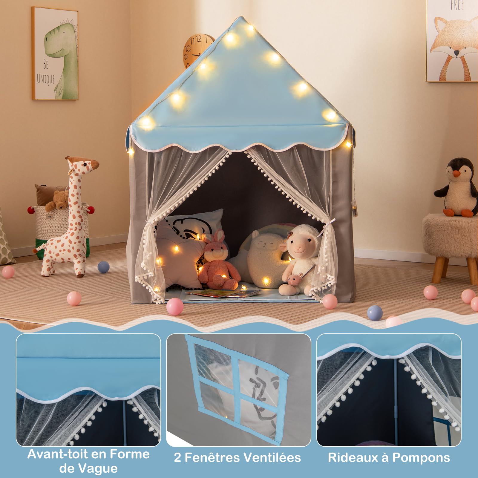 GOPLUS Tente de Jeu Enfant avec Tapis Épais et 2 Fenêtres et Gaze