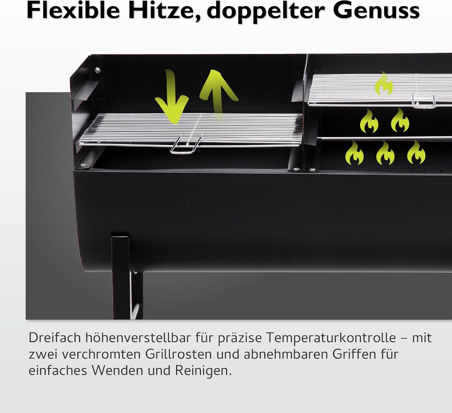 Tepro Detroit Barrel Grill showing adjustable grate heights