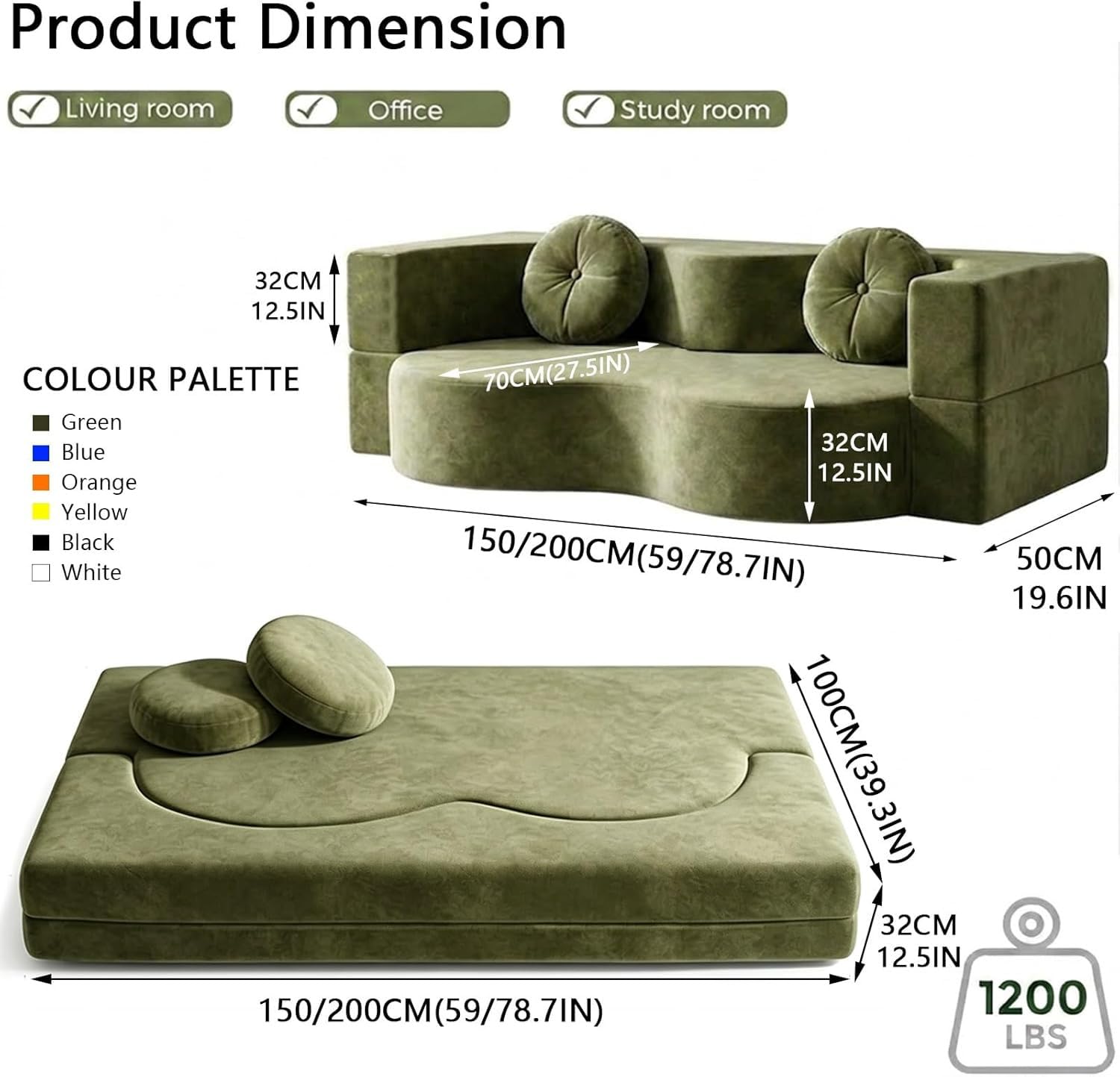 Umwandlungsbarer Sofabett Für Das Wohnzimmer,Knochenloser Sofa, Komprimierter Zweisitzer Mit Hochdichtschaum, Abnehmbarer Gewebebezug, Keine Montage 2 Kissen(A5,150x100cm)
