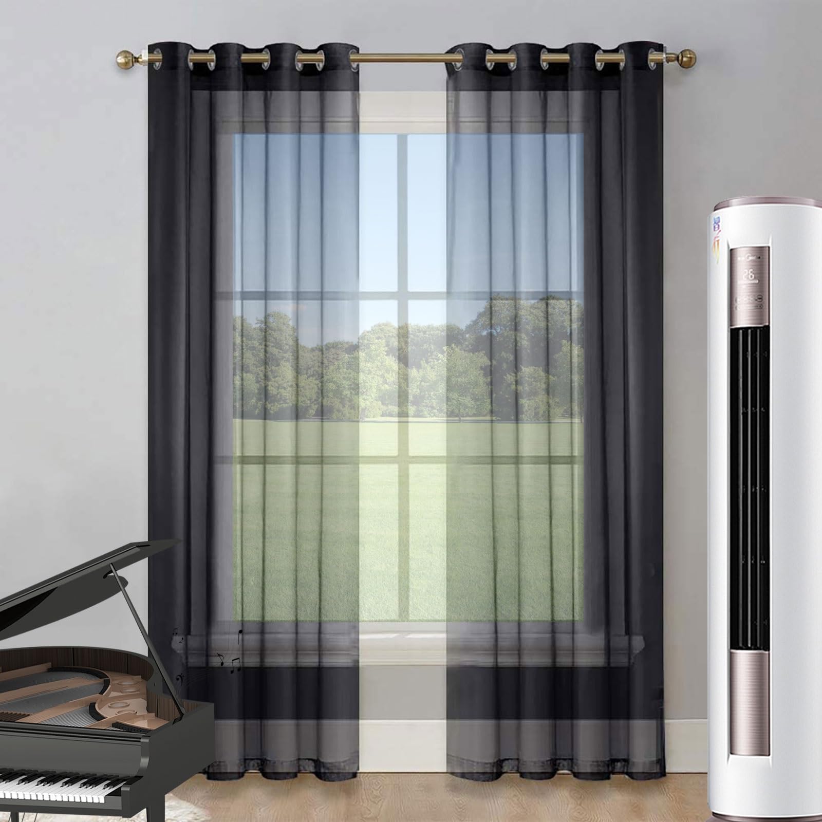 Voilage demi-transparent noir filtrant la lumière pour terrasse et salon