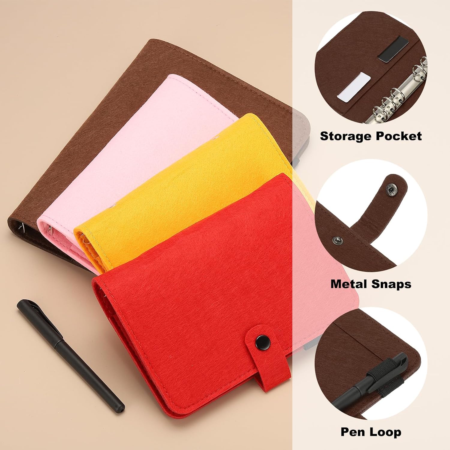 PATIKIL A6 Felt Binder, 6 Ring Soft Cover Refillable Notebook Binder with Pocket for Filler Paper Budget Journal Diary Accessories, Brown image 3