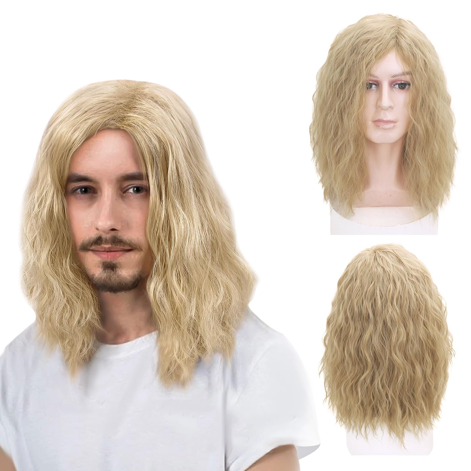 Mens Wig for Adult,80s Men Blonde Wig Mid Length Curly Hair, 16’’/40 cm Pop Rocking Dude Wigs, Handsome Mens Cosplay Wigs for 70s Fancy Dress Daily Costume Party Halloween