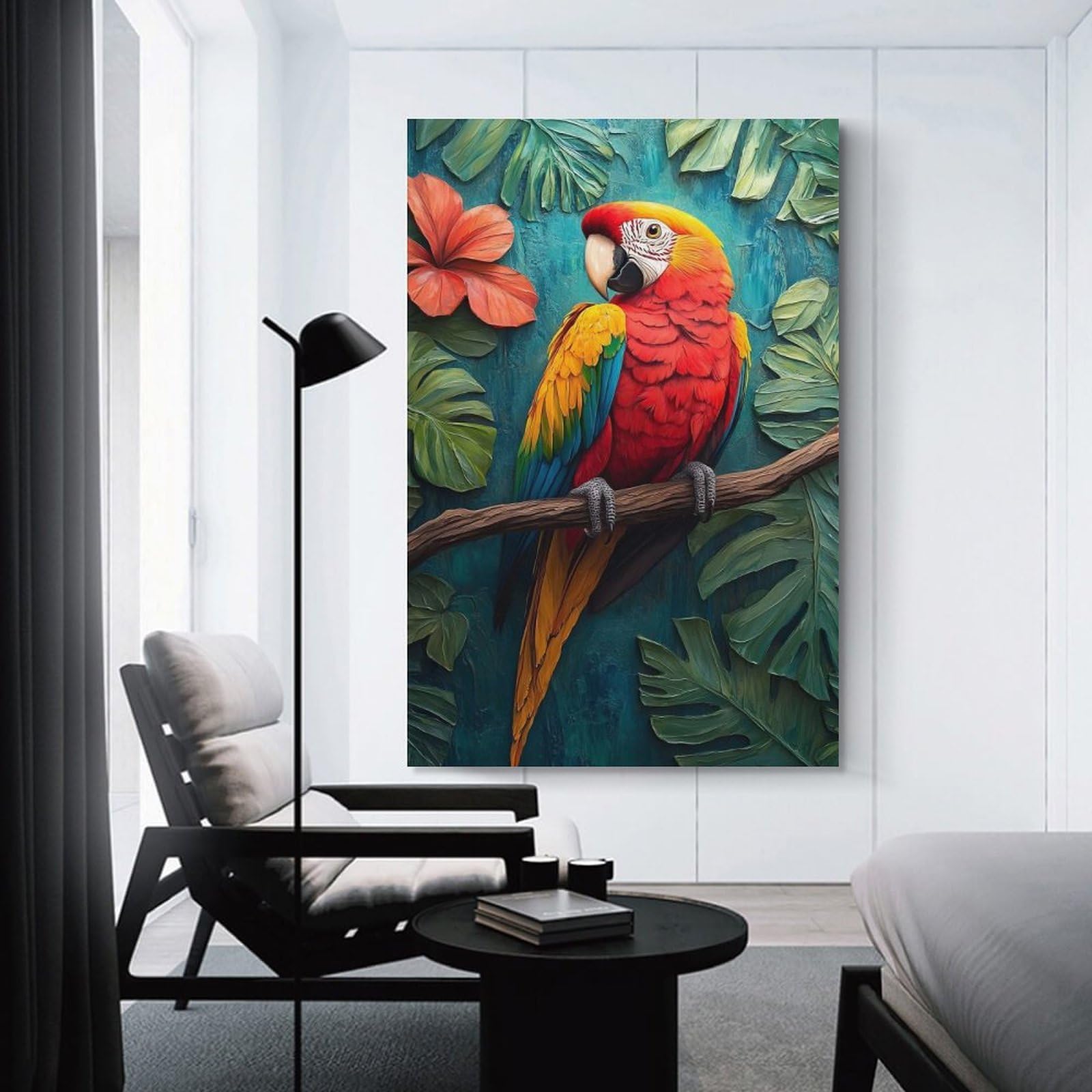 Junmoney Room Decor Wall Art Scarlet Macaw in Tropical Paradise, 12x18inch(30x45cm), for Workspace Walls, Study Corners Or Bedrooms, A Smart Decor Choice for Study Walls