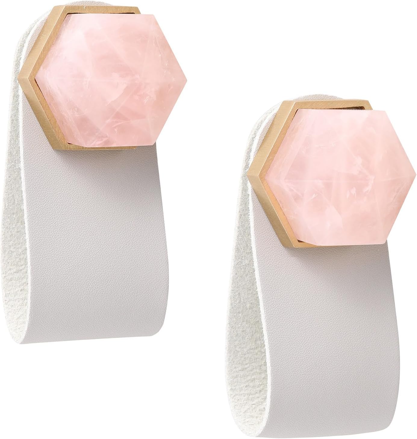 TUMBEELLUWA Hexagonal Crystal Cabinet Knobs Handmade Leather Pulls Polished Stone Handles for Closet Drawer Cupboard Dresser, Rose Quartz