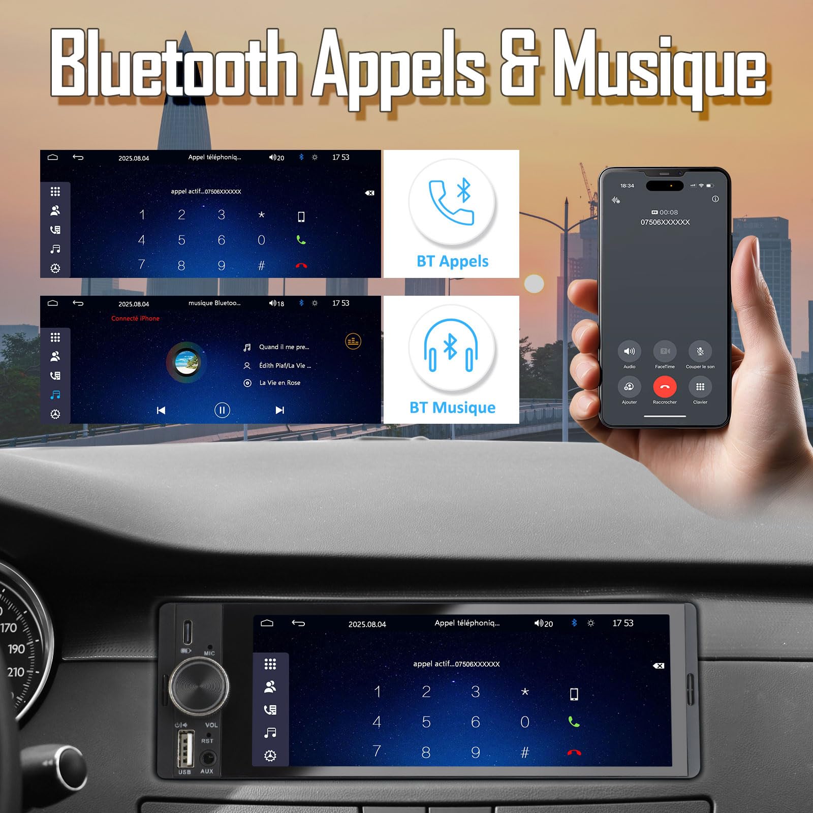 Autoradio 1 DIN, CarPlay Voiture & Android Auto sans Fil, Poste Radio Bluetooth Appels Main Libre, 6,36 Pouces HD Écran Tactile, Navigation GPS, Contrôle Vocal, AUX/FM, Mirror Link, USB Type-C