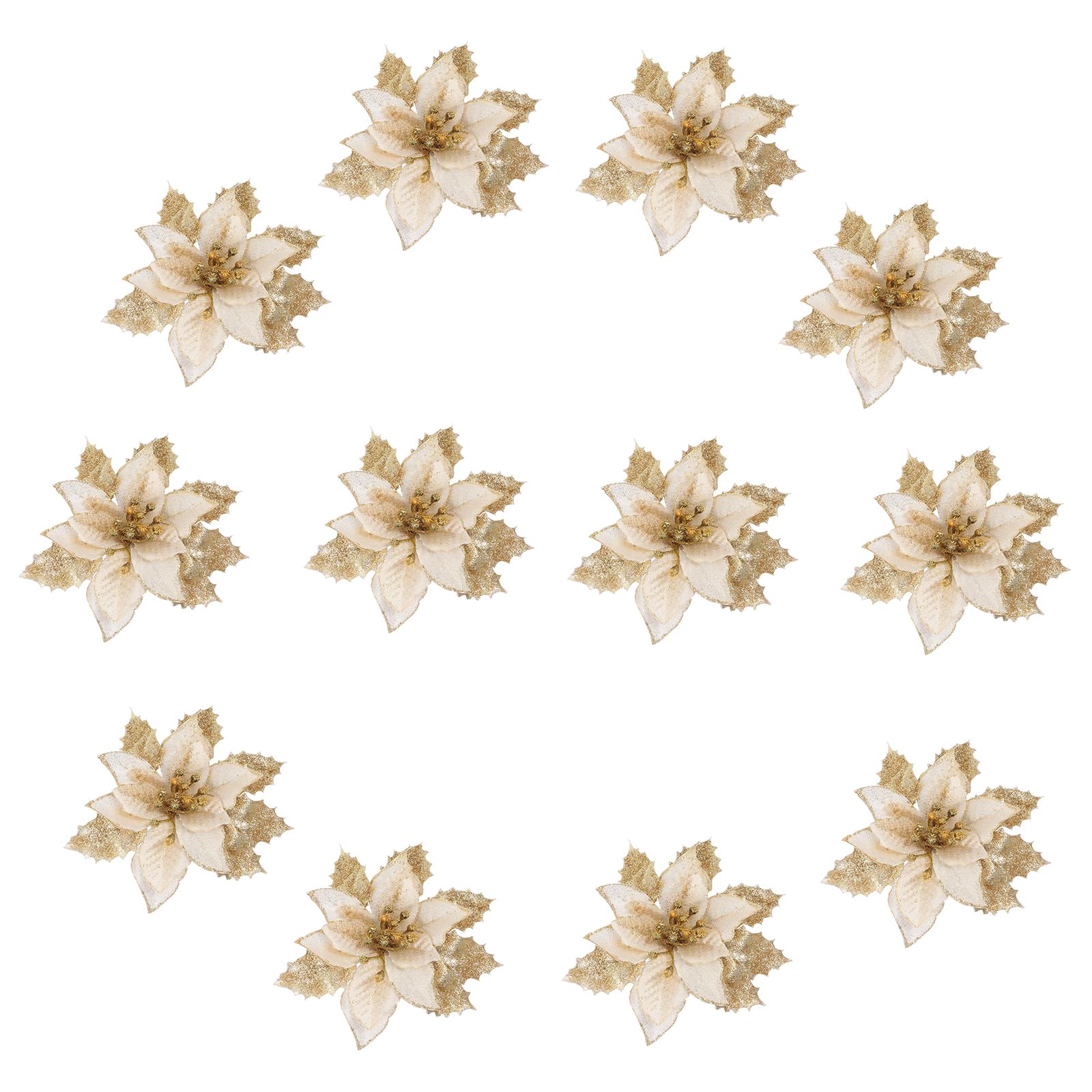 12 Fleurs de Noël artificielles Poinsettia à paillettes dorées DOITOOL
