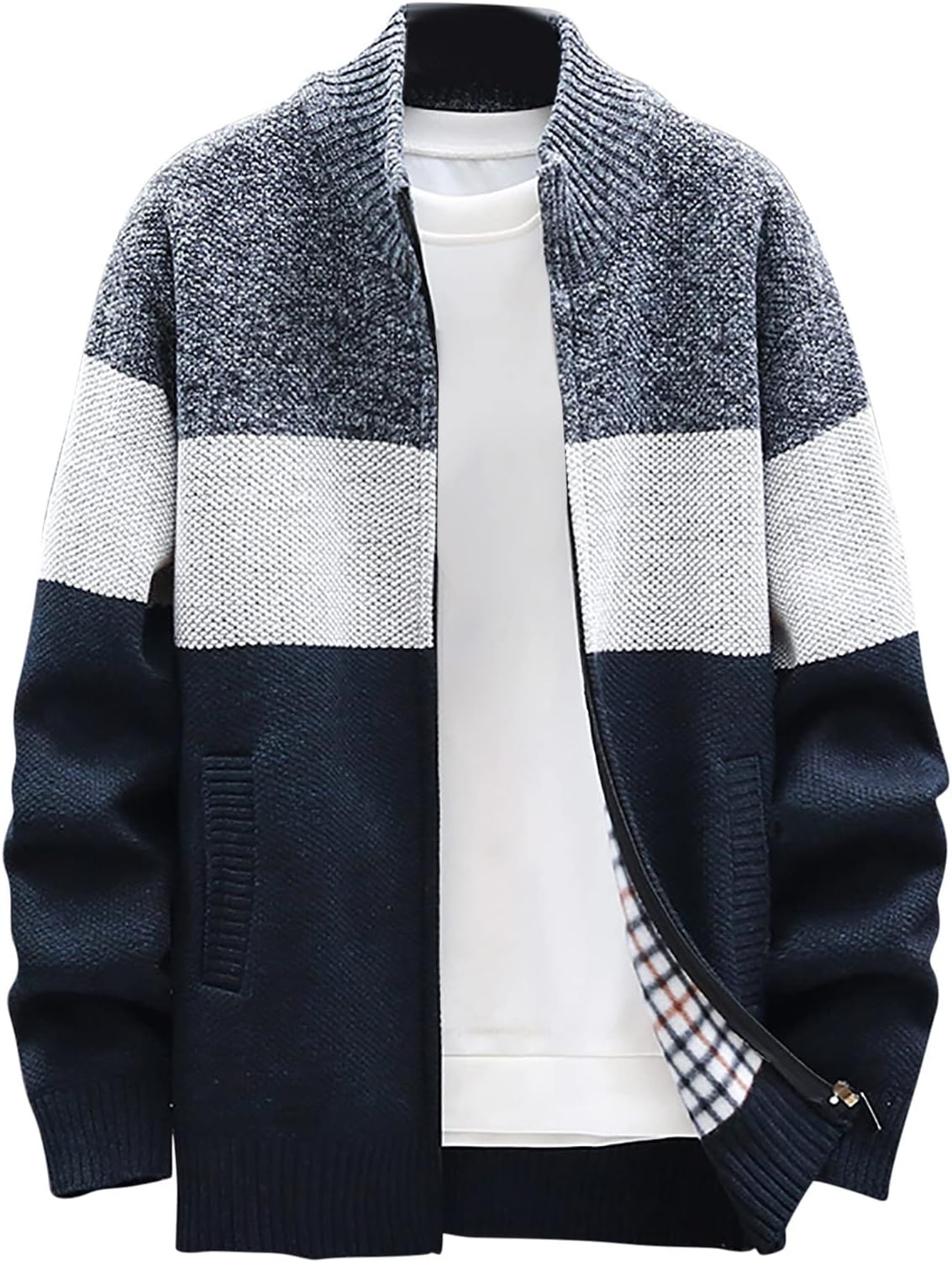 Mens Sweater Cardigan Zip Up Cable Knit Stand Collar Sweater Coat Regular Fit Fleece Lined Winter Warm Knitwear