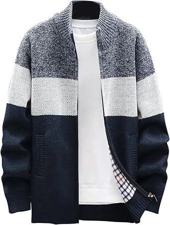 Mens Sweater Cardigan Zip Up Cable Knit Stand Collar Sweater Coat Regular Fit Fleece Lined Winter Warm Knitwear