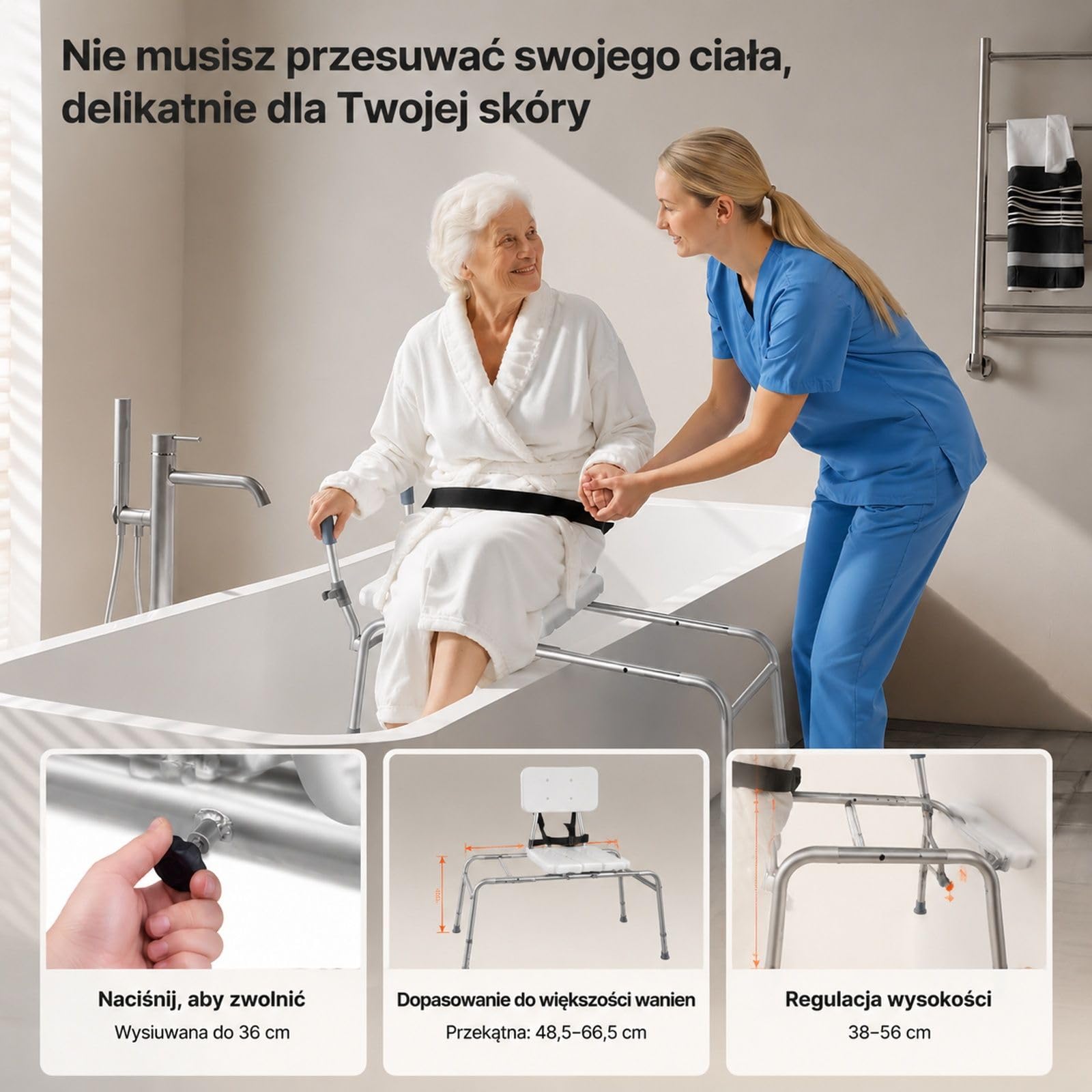 Ławka transferowa do wanny z przesuwanym siedziskiem, regulowaną wysokością, podłokietnikami i oparciem