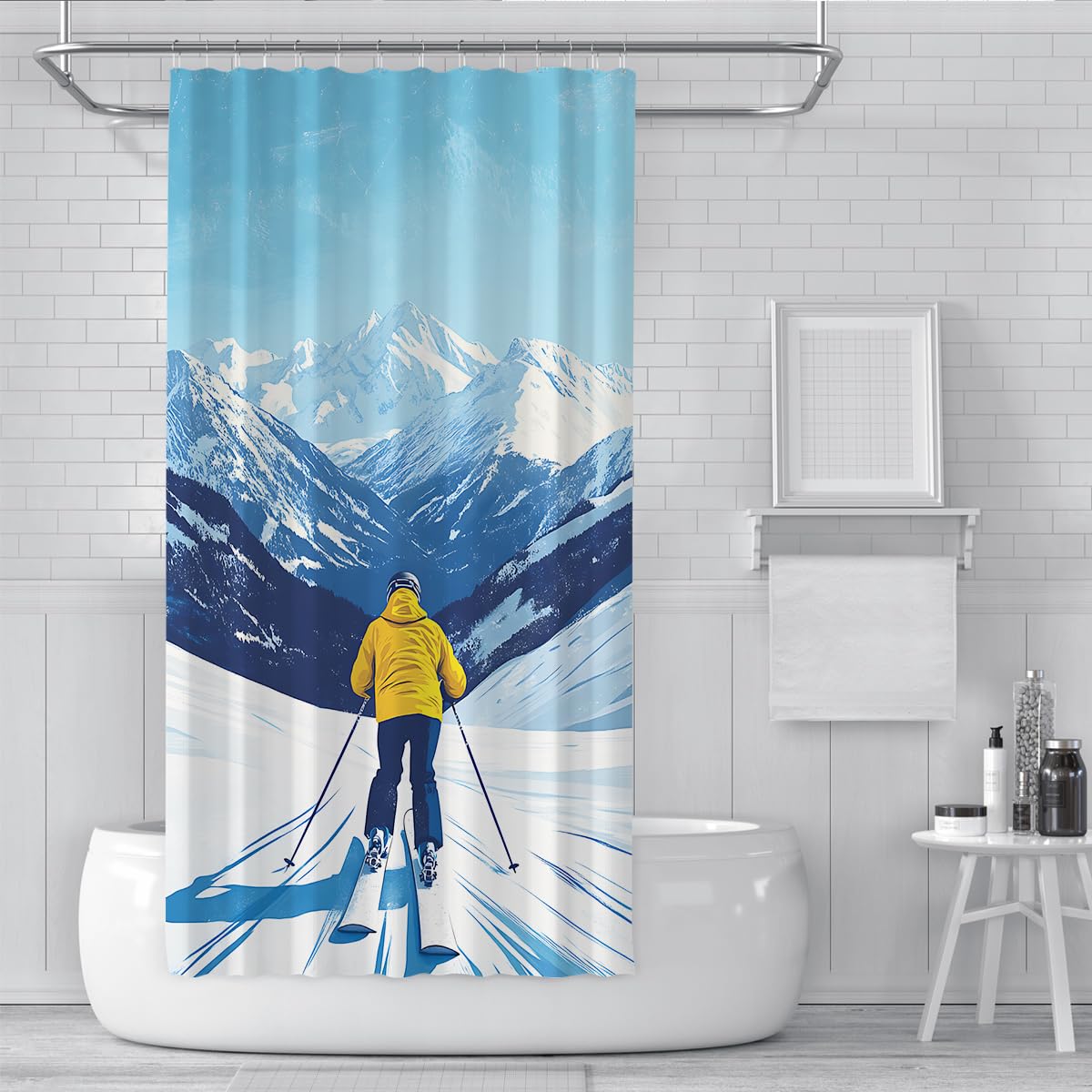 Zmywalne zasłony prysznicowe W200 x szer. 200 cm Narciarstwo Skier Snow Mountain Winter Nature wzór mokry wodoodporny zestaw zasłon prysznicowych z haczykami