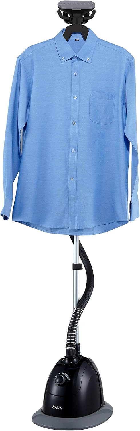 SALAV Garment Steamer with a blue collared shirt hanging on its integrated hanger, demonstrating its upright use.