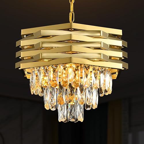 Modern Crystal Chandelier Gold Round Chandeliers for Dining Room Chandelier for Living Room Entryway Foyer Bedroom Kitchen Small Flush Mount Ceiling Pendant Light Fixtures 5-Lights W15.7