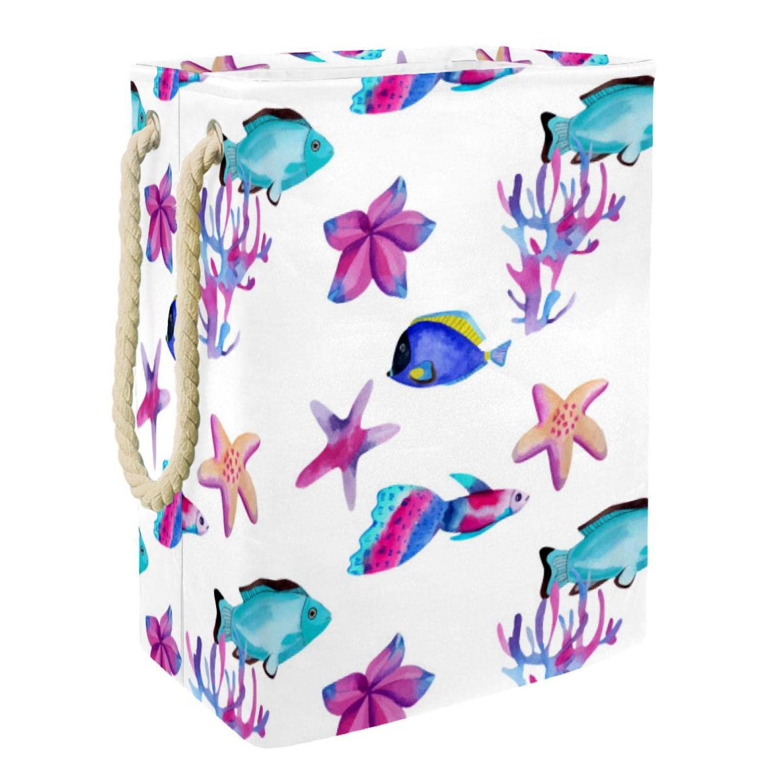 Grand panier à linge poissons océaniques et étoiles de mer avec poignée