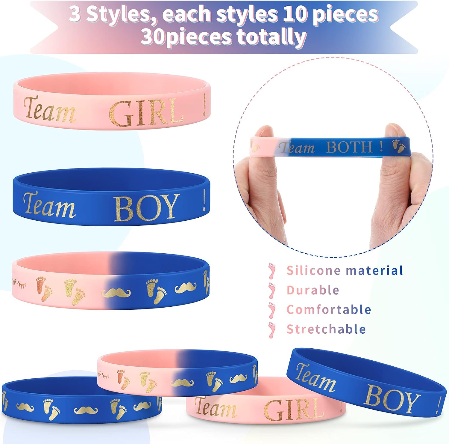 Hicarer Gender Reveal Bracelets, Team Silicone Wristbands Gender Reveal Party Bracelets Team Both Rubber Wristband for Baby Shower Party Favor Supplies