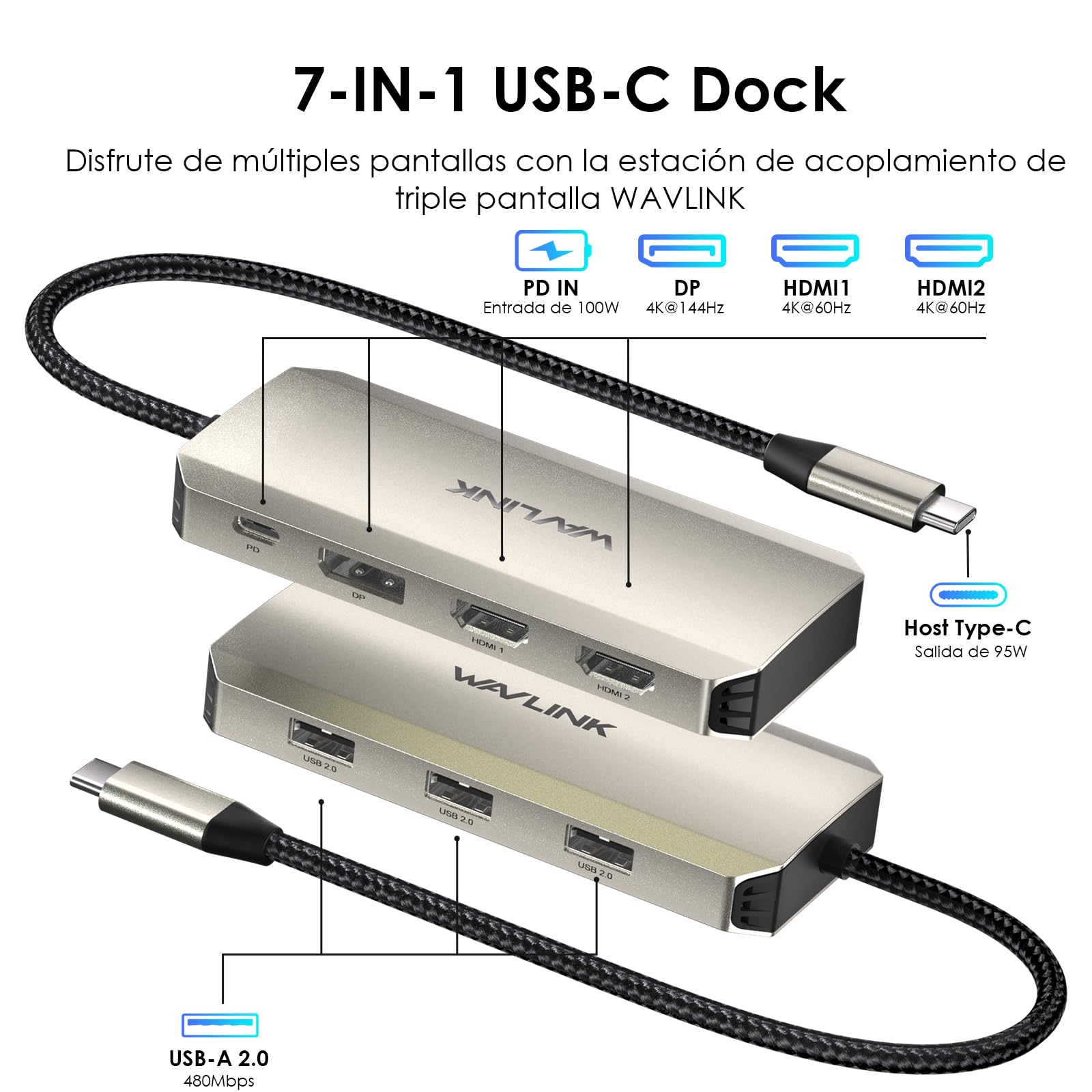 WAVLINK Triple 4K Docking Station con Dual HDMI, DP, 100W PD IN, 3 USB-A2.0 para Dispositivos inalámbricos, Compatible con DELL/HP/Lenovo etc, sólo para Ordenadores con Windows Systerm