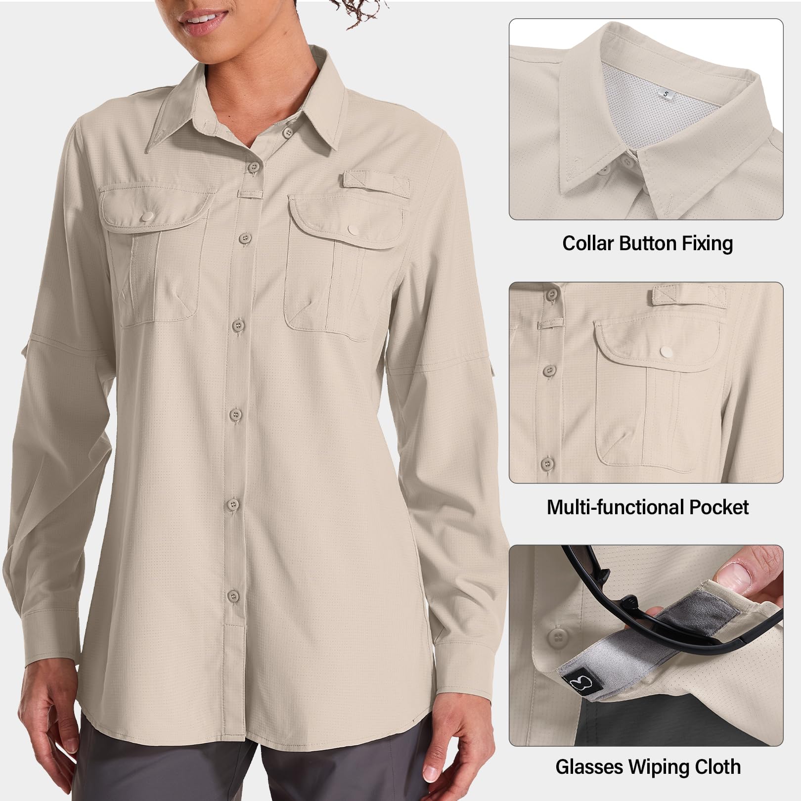 Langärmeliges Sonnenshirt für Damen, LSF 50, Safari, Wandern, Angeln, schnelles Selbermachen, UV-Schutz, Knopfleiste, Reise-Shirt für Gartenarbeit