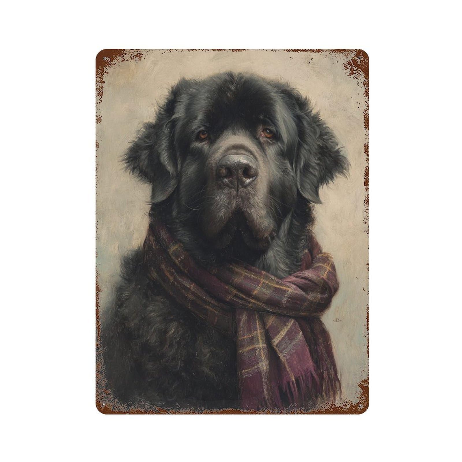 Garage Style Cozy Black Dog with Plaid Scarf Aged Metal Wall Plaque 15.7"x11.8", Old School Wall Decor for Bar And Workshop