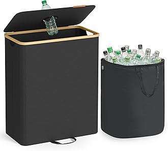 SONGMICS Recycling Bin for Kitchen 37 Gallon. Bottle Recycling Container, Collection Bin, for Metal, Plastic, Paper, Glass, Inner Bag with Handles, Kitchen, Ink Black and Natural Beige URRB513B01