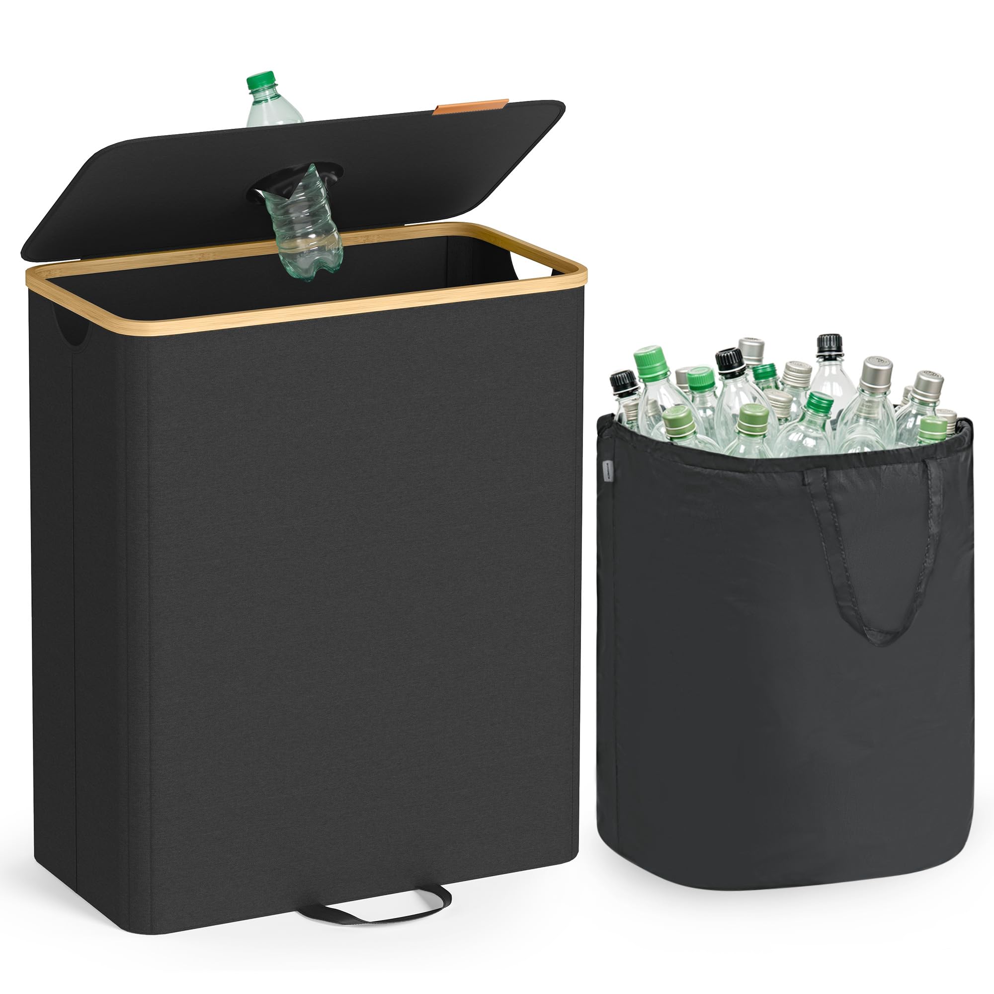 SONGMICS Recycling Bin for Kitchen 35.7 Gallon. Bottle Recycling Container, Collection Bin, for Metal, Plastic, Paper, Glass, Inner Bag with Handles, Kitchen, Ink Black and Natural Beige URRB513B01