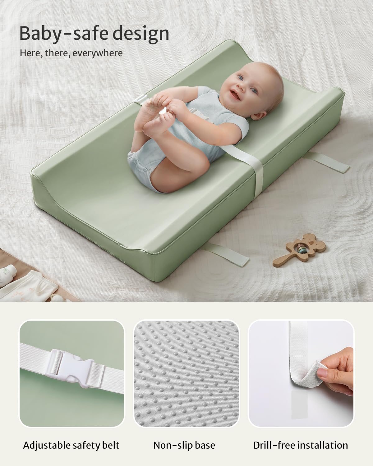 Blissful Diary Wickelunterlage aus veganem Leder mit wasserdichtem und abwischbarem PU-Bezug, Standardgröße, gemütliche Baby-Wickeltischunterlagen für Kommoden/Tische, Hellgrün