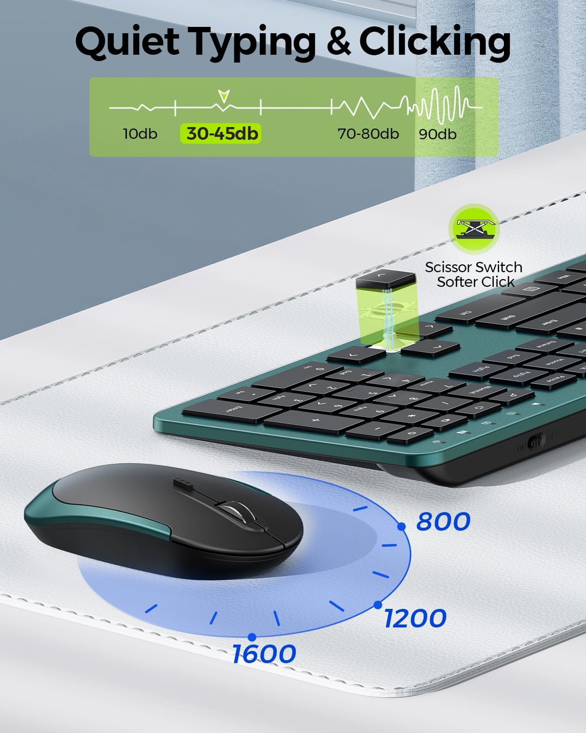 Wireless Keyboard and Mouse Combo, Full Size Slim Thin Cordless Keyboard Mouse with Numeric Keypad, Quiet Computer Keyboard Mice Set 2.4G Stable Connection Adjustable DPI (Green) - Image 4