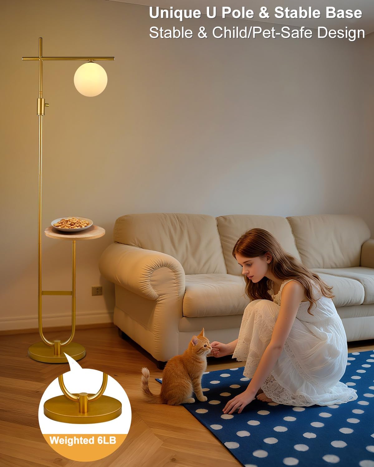 66IN Gold Dimmable Floor Lamps with Storage Table, Modern Standing Tall Lamp with Milky White Globe Lampshade, Cross-Shaped Lamp Head and U-Pole Base Style for Living Room/Bedroom/Office