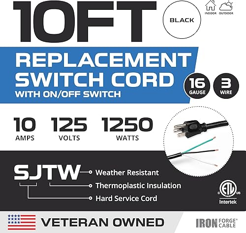 Miniatura 2 de Iron Forge Cable Cable de alimentación de repuesto de 16 AWG de 10 pies con interruptor de encendido y apagado en línea impermeable IP65  Cable de