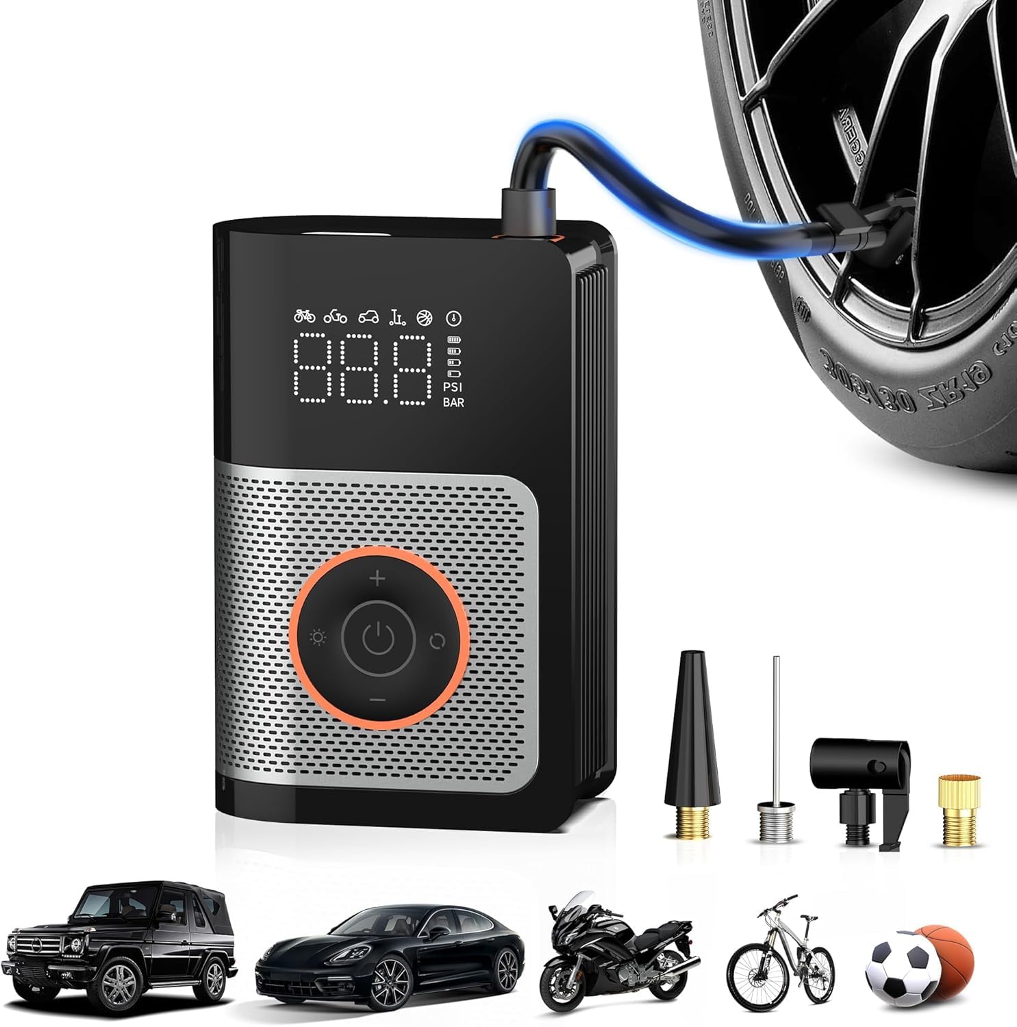 Bomba de aire eléctrica, bomba de aire eléctrica con batería de 150 psi, bomba de aire eléctrica con pantalla LED, 6 modos, bomba de aire para coches, motos, bicicletas y pelotas, PowerPump 360