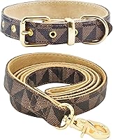 Vista 10 de Juego de collar y correa de cuero para perro, correas de collar de perro con patrón de cuadros, hebilla de metal ajustable y duradera para perros