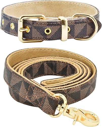 Juego de collar y correa de cuero para perro, correas de collar de perro con patrón de cuadros, hebilla de metal ajustable y duradera para perros