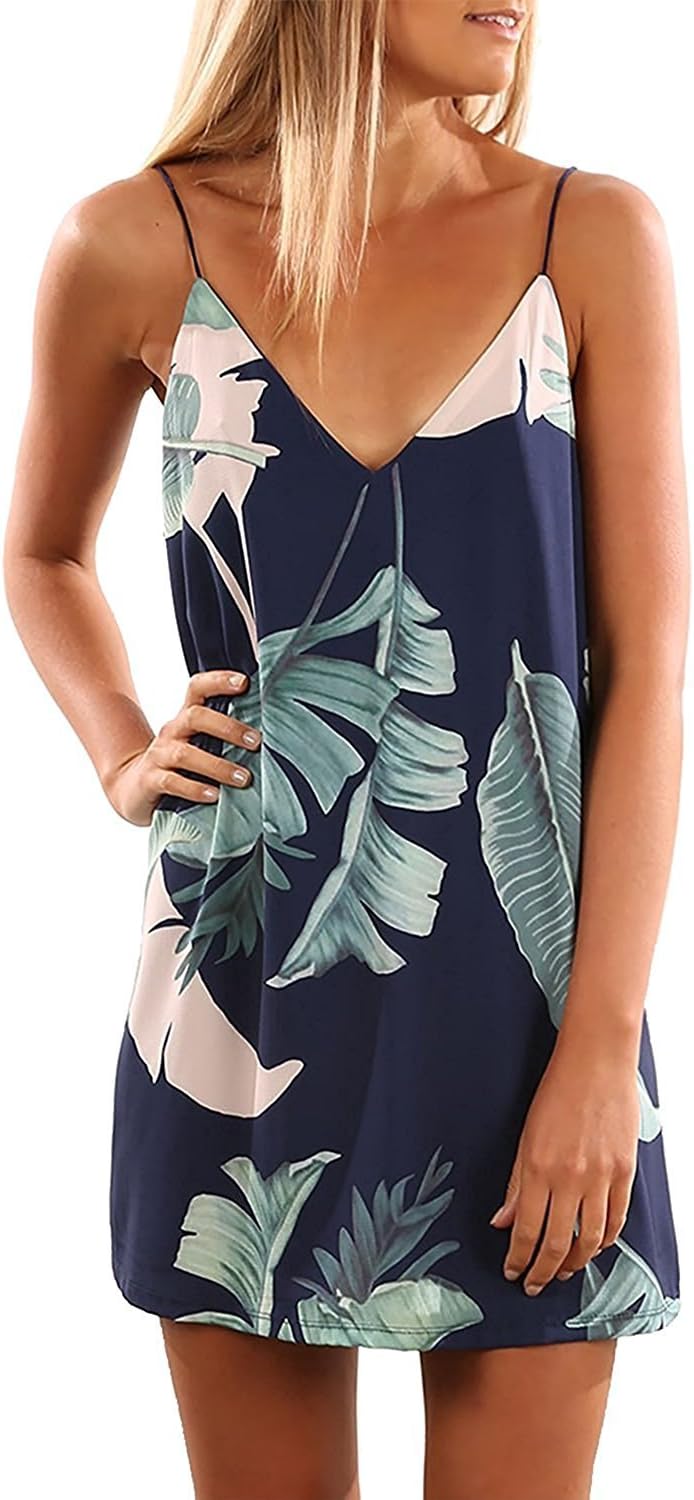 Shellyme Womens Summer Sleeveless Braces Skirt Printed Casual Strap Dress Tropical Palm Sundress