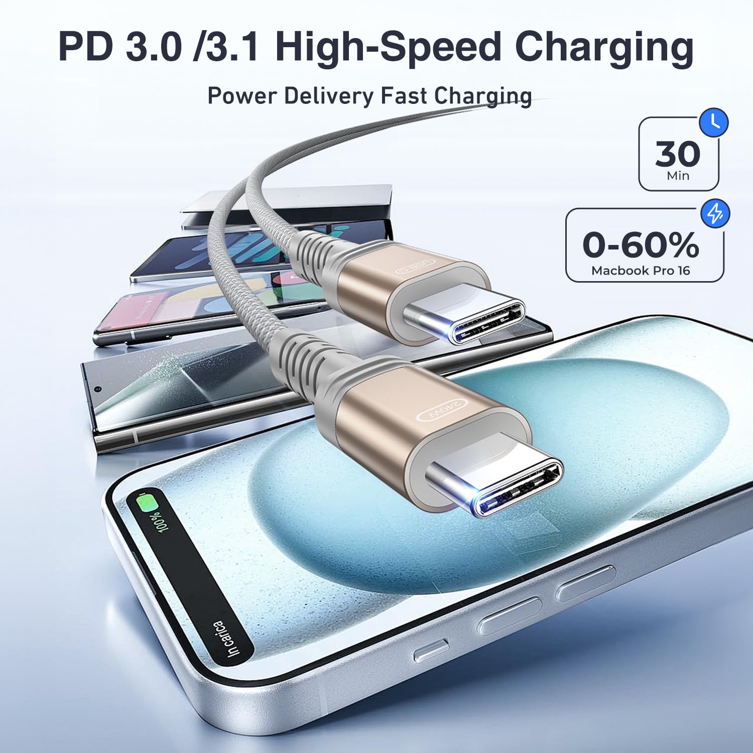 Ubluker Cavo USB C a USB C 2M, 240W 100W 60W Cavo di Ricarica USB Tipo C Premium Superveloce con Emarker Nylon Intrecciato Sync Dati e Audio per iPhone 17 16 16e 15 Galaxy S25 iPad MacBooK Laptop