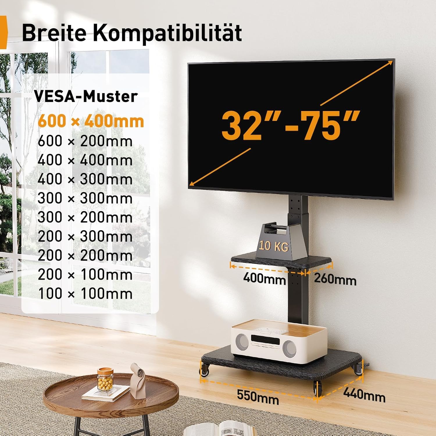 Supporto TV mobile Perlegear, carrello TV inclinabile e girevole per TV da 32 a 65 70 75 pollici fino a 50KG, supporto TV rotante regolabile in altezza con ruote, VESA massimo 600x400 mm