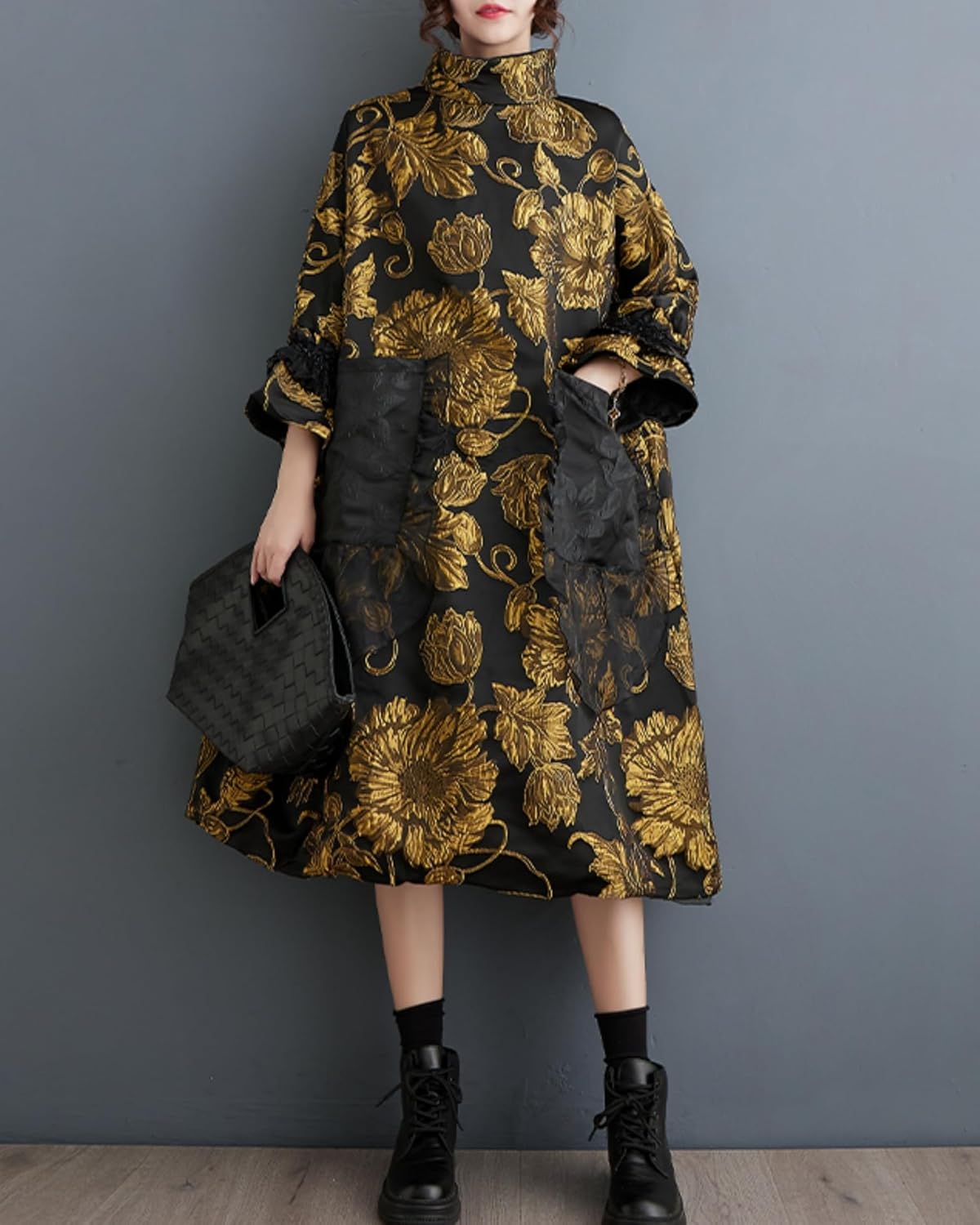 ellazhu Women's Printed Patchwork Mock Neck Flared Cuffs Dress GZ94 A - Image 2