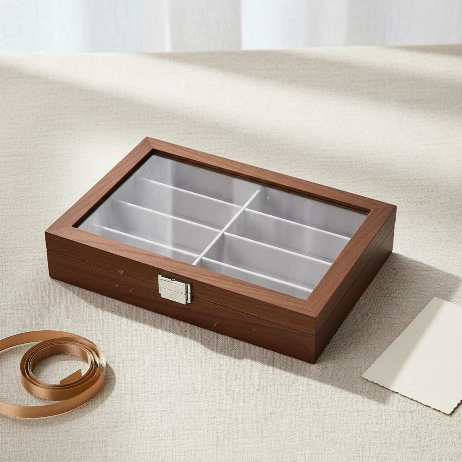 Étui de Rangement Lunettes Boîte Présentation Organisateur Vitrine Couvercle Transparent avec Charnière et Fermoir Protection Contre la Poussière en, Marron, Marron Intérieur Gris