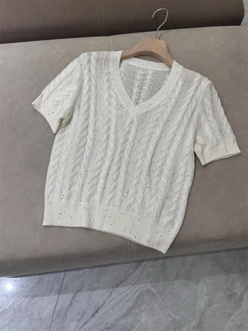 Maglione da donna lavorato a maglia con paillettes top scollo a V a maniche corte