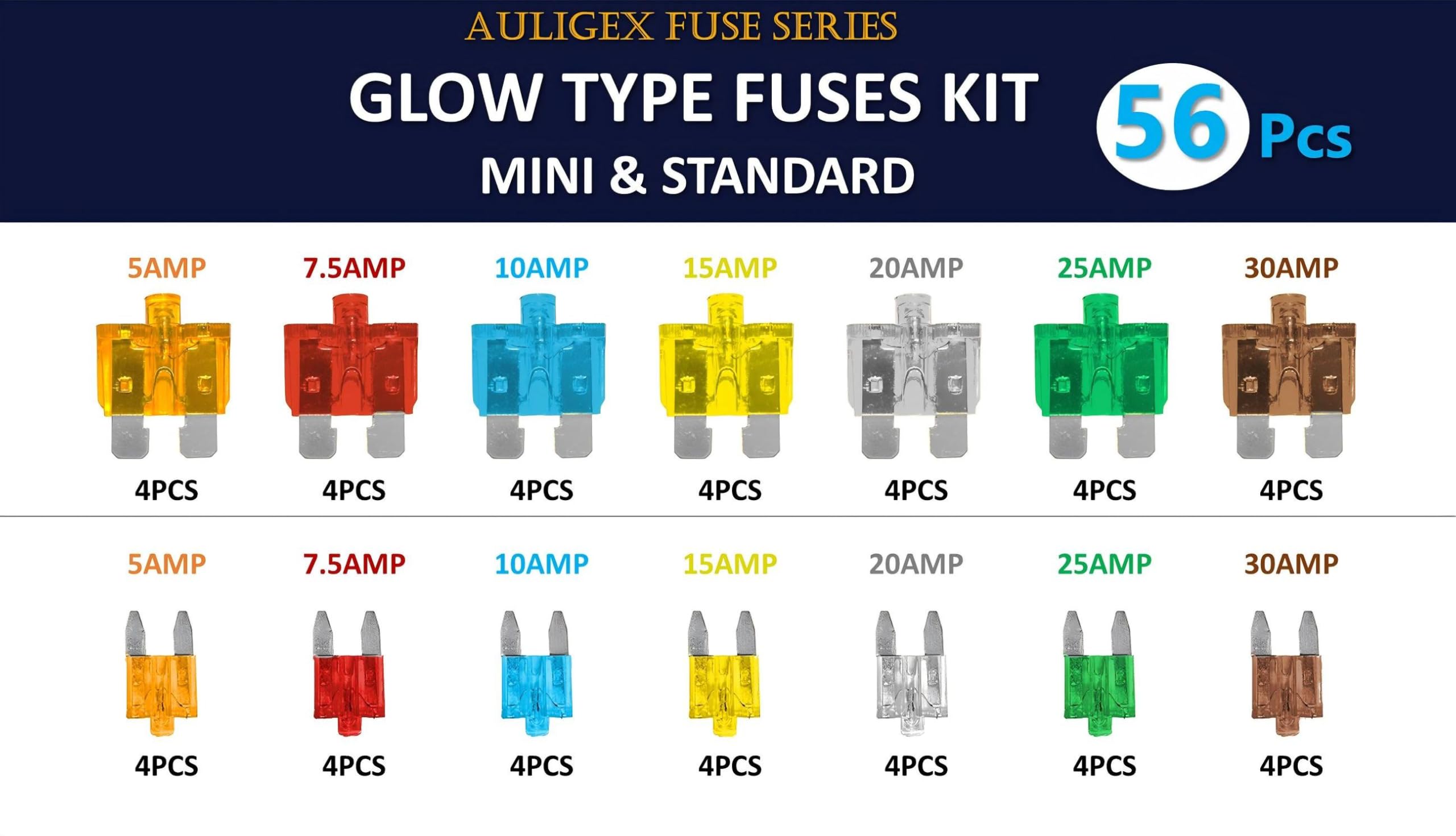 56 fusibili a incandescenza mini e standard a lama automobilistica con 2 estrattori, facile identificazione, si illumina automaticamente quando viene soffiato (56 fusibili mini e standard)