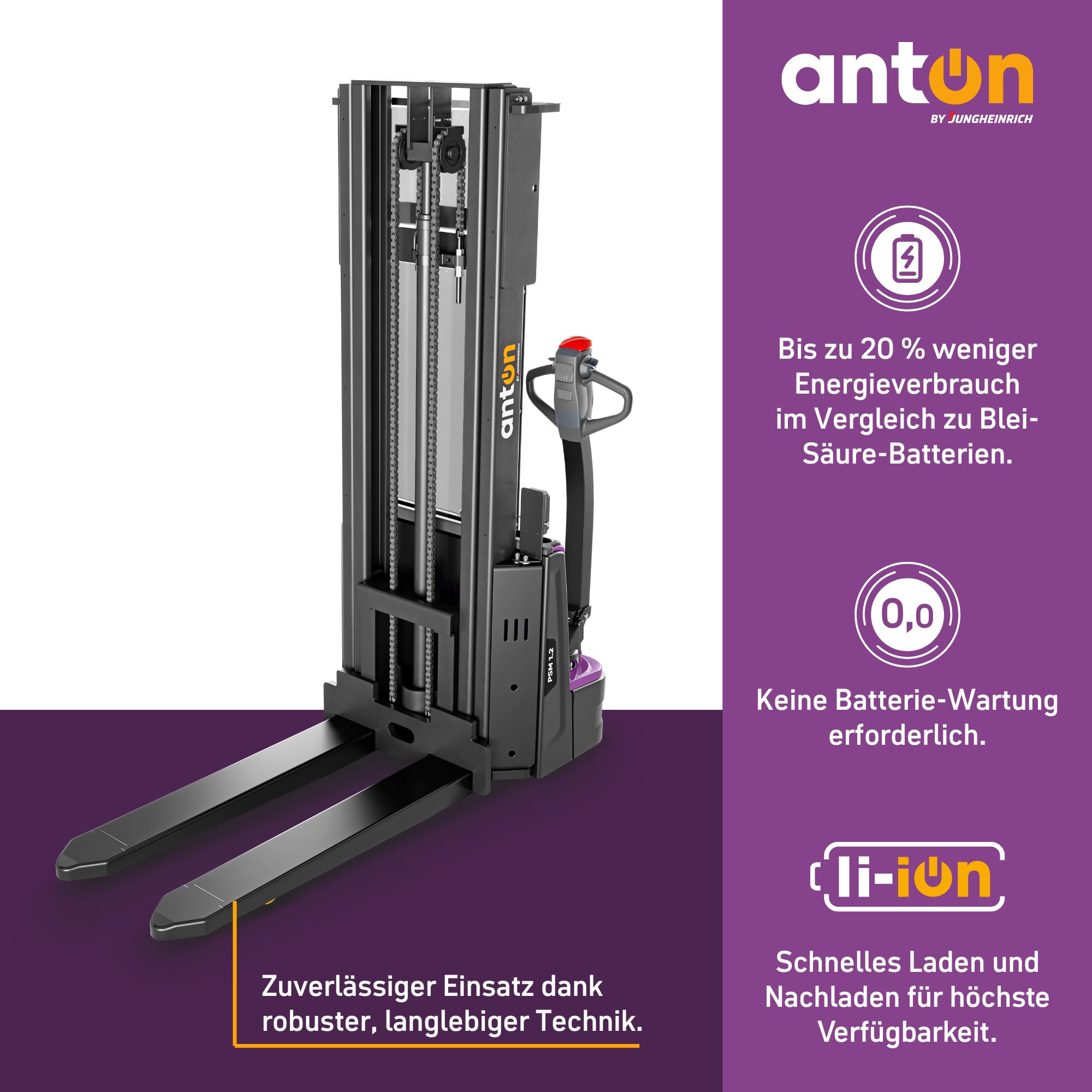 AntOn by Jungheinrich Elektro-Hochhubwagen PSM 1.2 | 1.200 kg Tragkraft | 2.522 mm Hubhöhe | 1.150 mm Gabellänge | Lithium-Ionen-Batterie 24 V / 40 Ah mit Ladegerät | 2-Fach-Teleskop-Hubgerüst