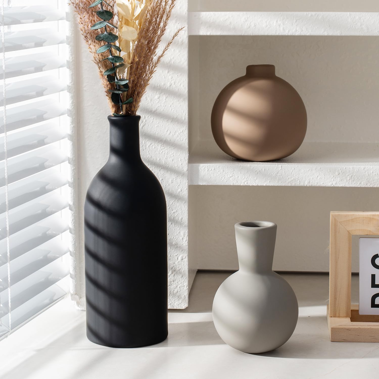 Ceramic Vase Set of 3, Modern Neutral Colors Home Decor, Rustic Farmhouse Decorative Vases for Bouquet Pampas Grass Dried Flowers | Table Centerpiece Living Room Bedroom (Black Mix Set - Gray#1)