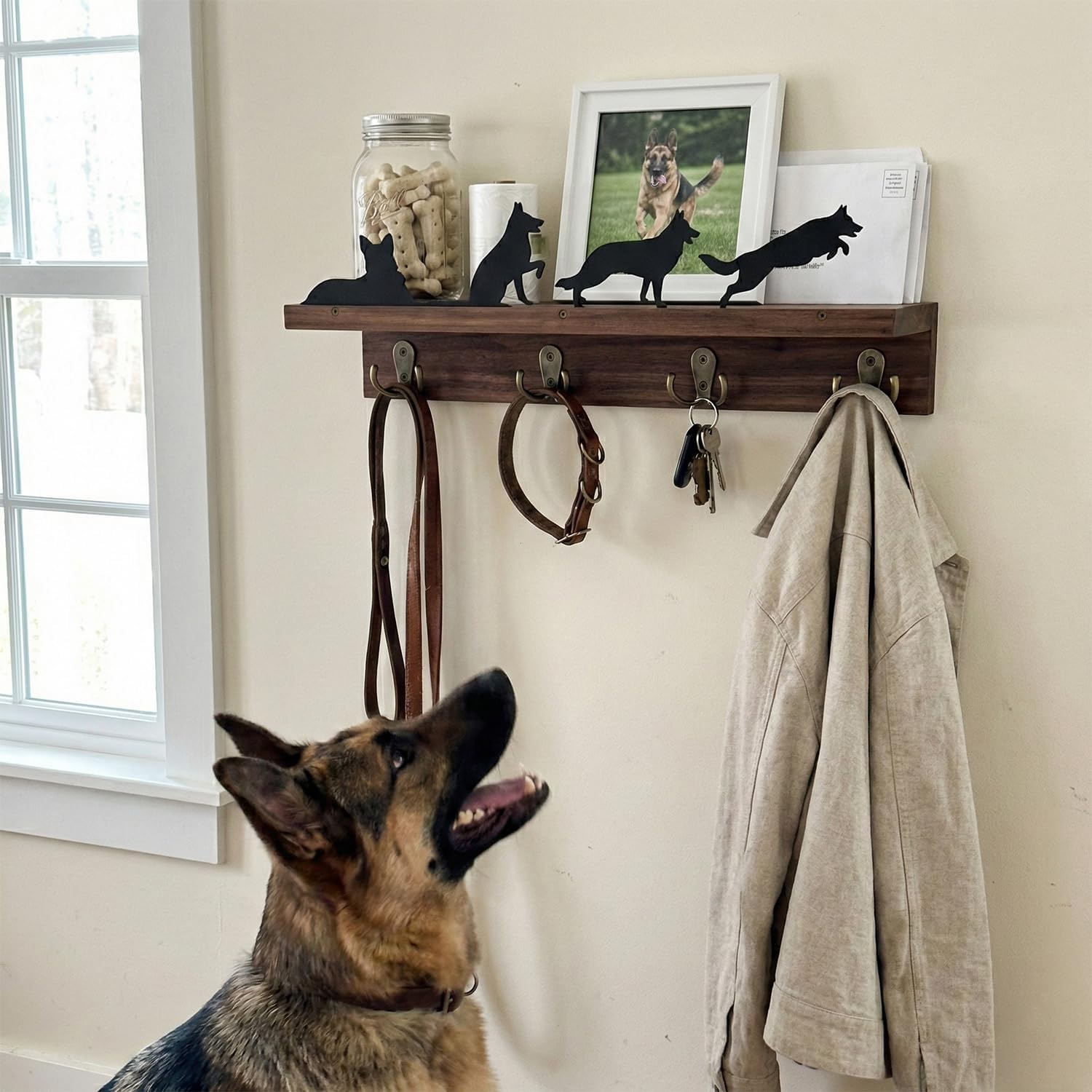 Solid Walnut Dog Leash Holder for Wall, Custom German Shepherd Metal Silhouette Key Hanger & Top Shelf for Entryway Storage, Heavy Duty Pet Collar Rack, 15.8 Inch