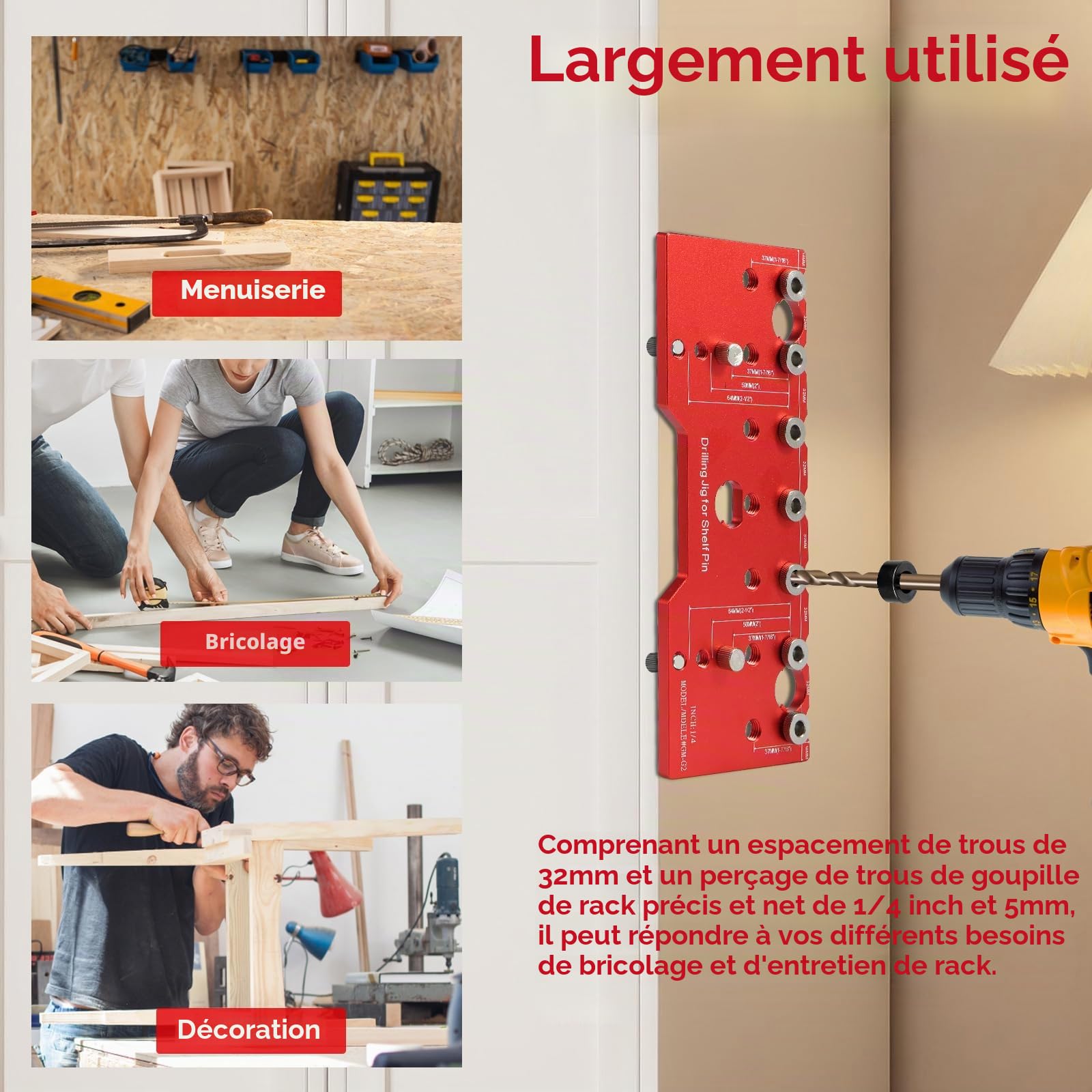 Gabarit de perçage pour étagère avec guide de perçage pour trous droits, matériel de cabinet, outils de menuiserie, accessoire pour outil électrique avec système de trous de poche pour coulisseau de