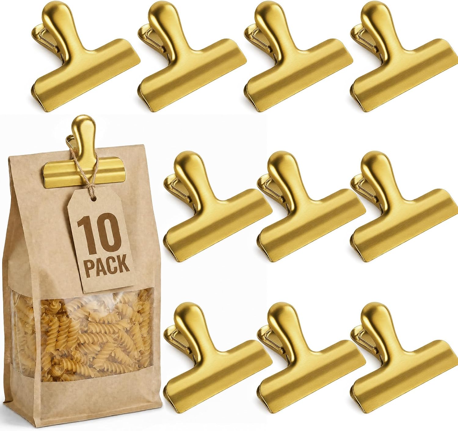 10 Pack Gold Metal Chip Clips, 3 Inch Stainless Steel Bag Clips for Food