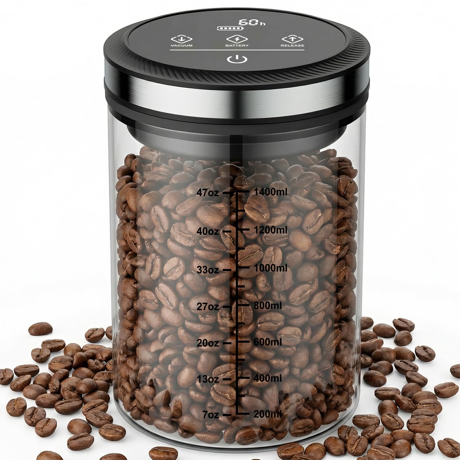 Vakuum-Kaffeedose, 1,6 l, großes Fassungsvermögen, luftdichter Kaffeebehälter mit abgestufter Skala und Vakuumdauer-Anzeige. Mit transparenter Borosilikatglas-Konstruktion