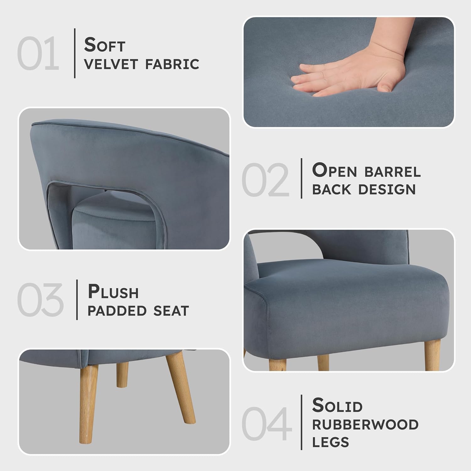 Lexicon Accent Arm Chair, Modern Comfy Velvet Accent Chair, Open Back with Solid Wood Legs for Living Room/Bedroom/Office/Waiting Room, Dark Gray