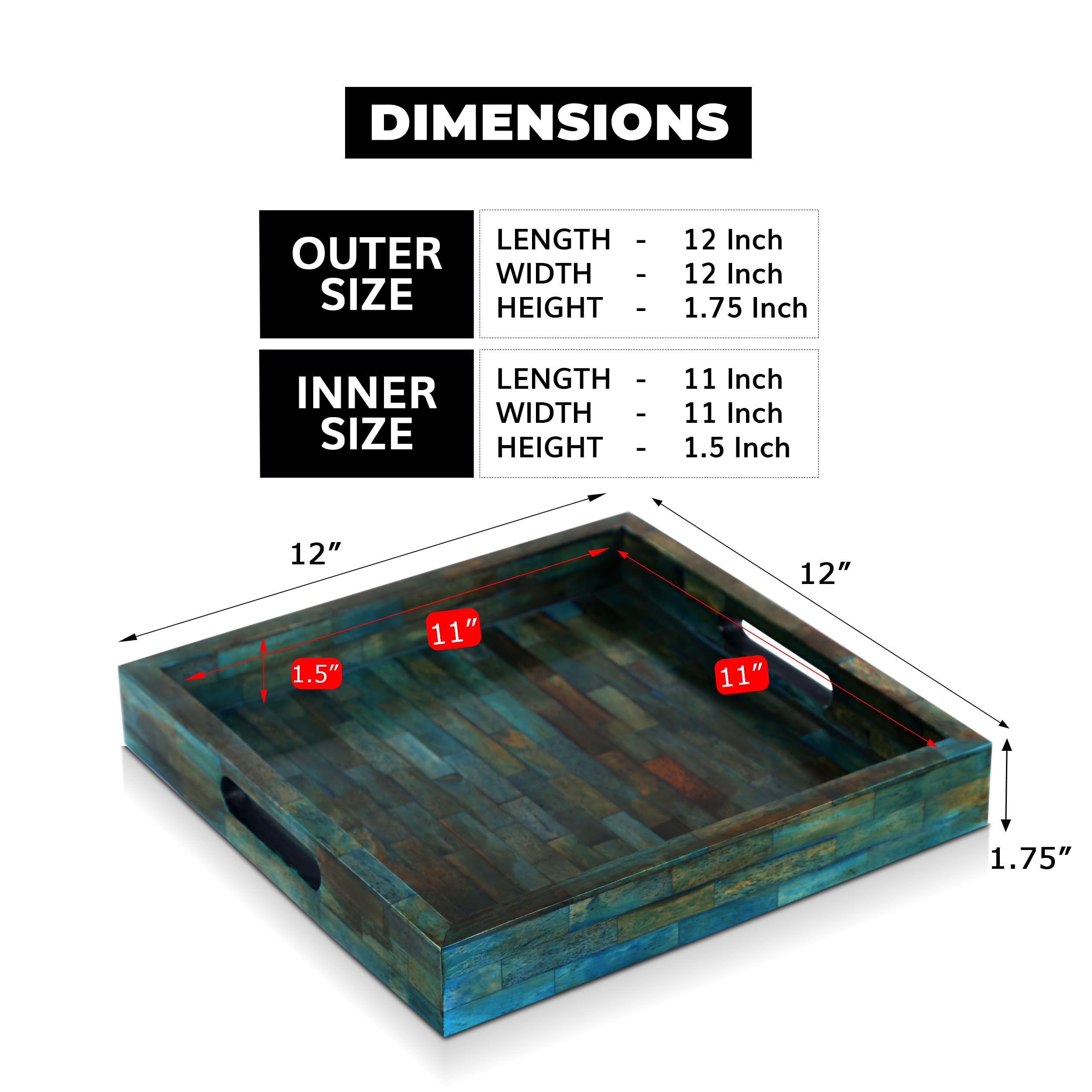 Handicrafts Home Handmade Verdigris Covered Inspired Decorative Tray - 12x12 Ottoman Tray, Multipurpose Bone Inlay Serving Tray for Living Room Dining Entertaining and Display