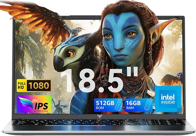 18,5" PC Portable, FHD Ordinateur Portable Processeur Quad-Core 13ème N150 Jusqu'à 3,60GHz, 16GB RAM + 512GB SSD M.2, Wi-FI Dual-Band, BT 5.2, USB 3.2, HDMI, Type-C, Batterie Longue 8000mAh