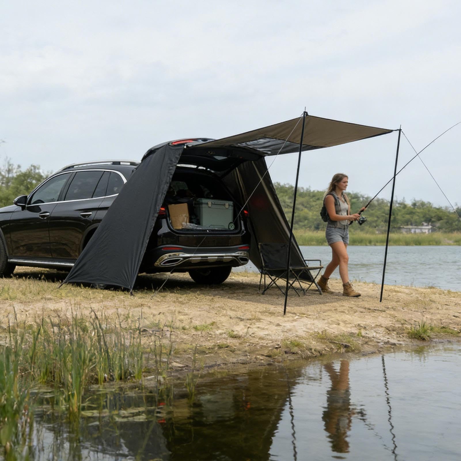 Tenda per Portellone SUV - Tendalino Auto Impermeabile e Antivento Portatile | Posteriore Regolabile con Pali Telescopici | Parasole per Campeggio, Viaggi e, Tessuto 190T Rivestito in Arg