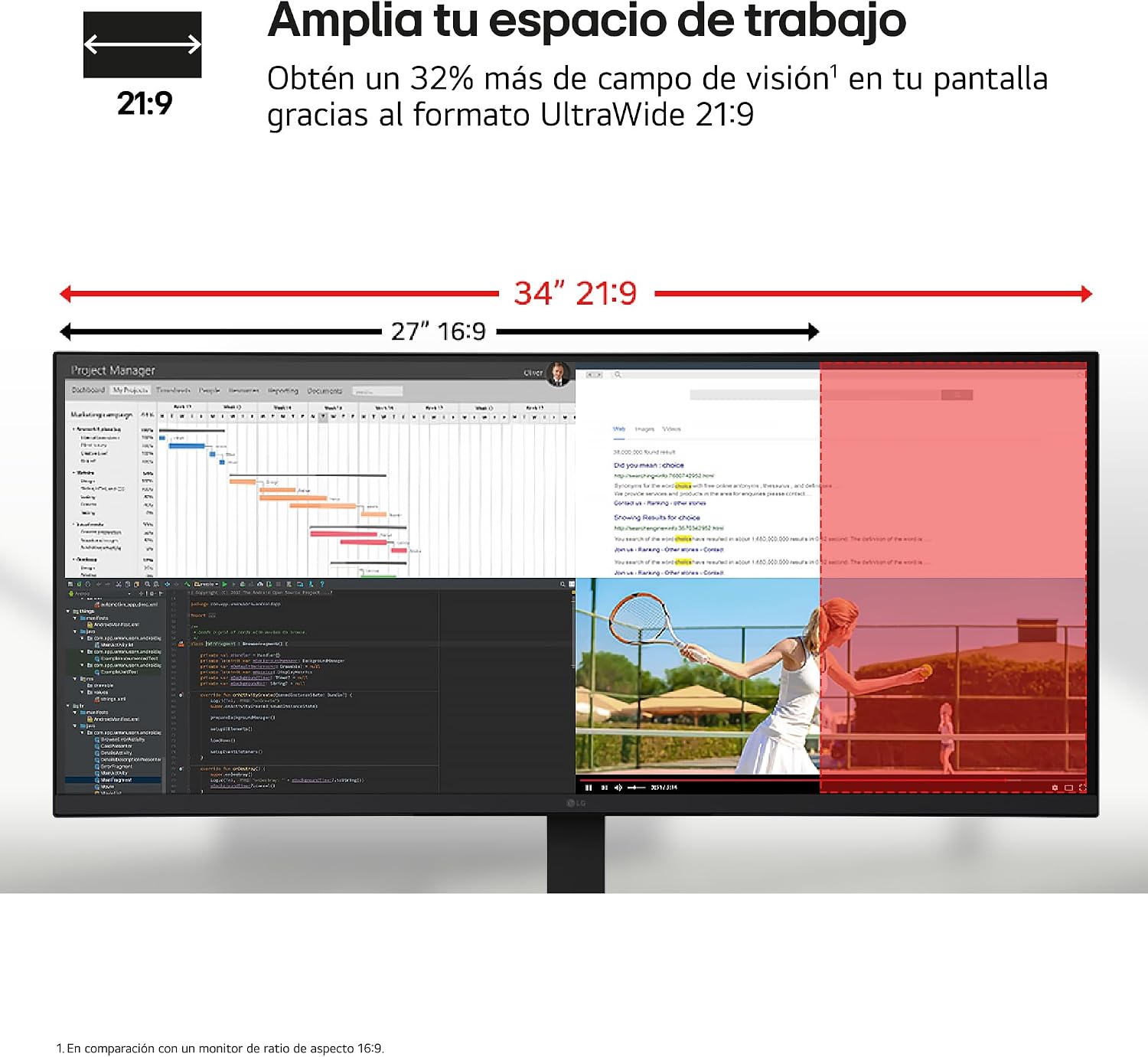LG 34U650A-B – Monitor UltraWide, 34», Curvo 3800R, IPS, WQHD, (3440×1440), 21:9, 100Hz, 5 ms (GTG), HDR10, USB-C, Inclinable, Negro 5