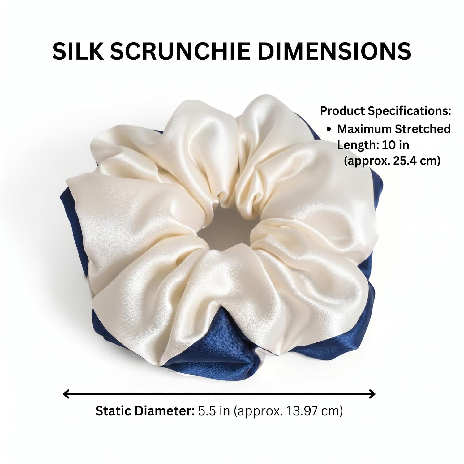 30 Momme 100% Mulberry Silk Scrunchies for Women, Handmade Ultra Thick Silk Hair Ties, 5.5 Inch Oversized Large Scrunchy, Soft Anti-Breakage Hair Accessories for Women, 1 Pack (Cream and Navy Blue)