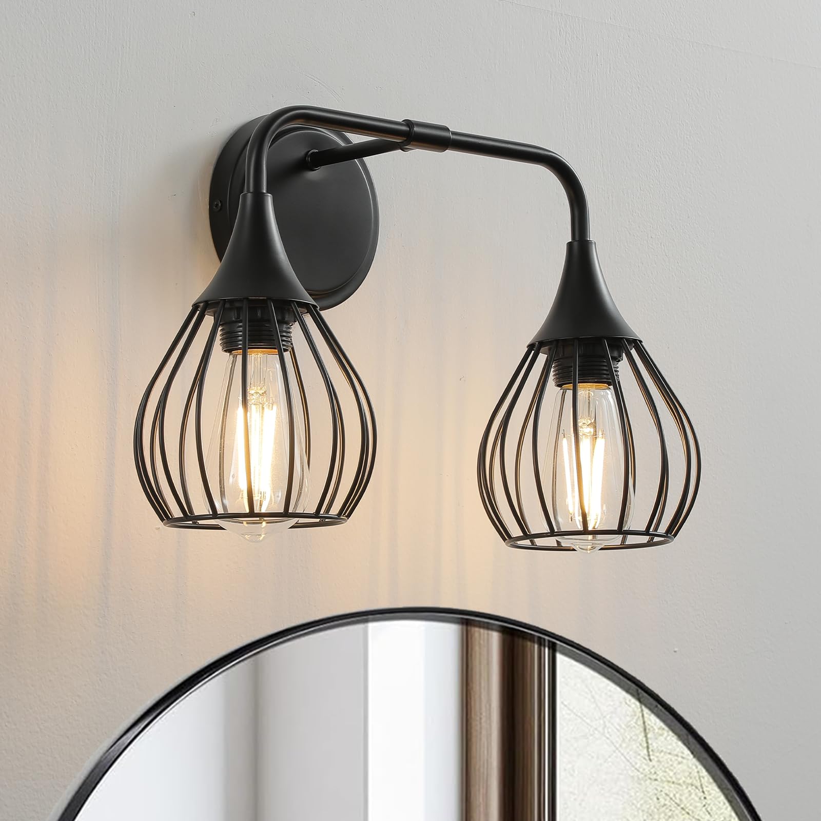 YEPOLI Black 2 Light Vanity Light with Elegant Teardrop Cage,Modern Farmhouse All Metal Bathroom Light Fixture Over Mirror Industrial Bathroom Wall Light